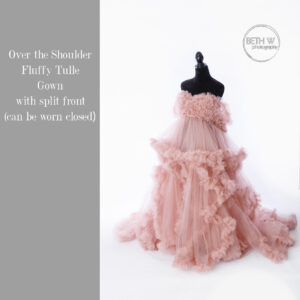 Over the Shoulder Fluffy Tulle Gown in Dusty Pink