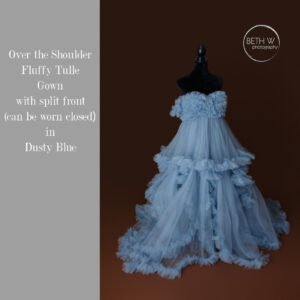 Over the Shoulder Fluffy Tulle Gown in Dusty Blue