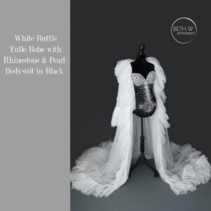 White Ruffle Tulle Robe with Rhinestone and Pearl Bodysuit in Black