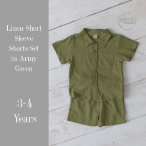 Linen Short Sleeve with Shorts Set in Army Green in 3-4 Years